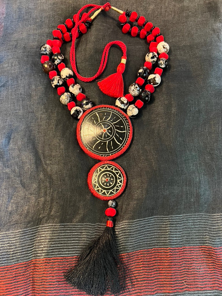 Tribal wooden kutchi button necklace drawstring cord tassle red black necklace Andrea Serrahn Serrahna