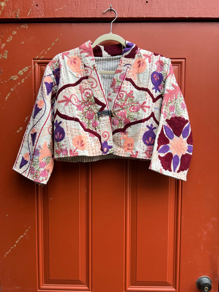 Embroidered bolero jacket in cream, peach, burgundy, purple. #4