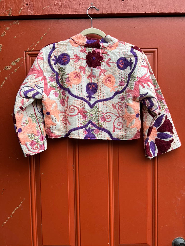 Embroidered bolero jacket in cream, peach, burgundy, purple. #4