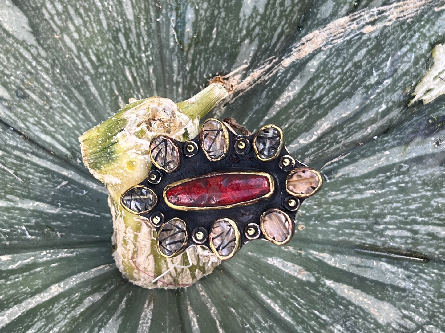 CORAL & CARVED QUARTZ PORTRAIT RING